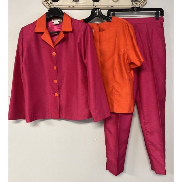 Peter Popovitch Satin 3 pc Suit Set Jacket, Top & Pants Pink & Orange Medium/Sma - Picture 1 of 16